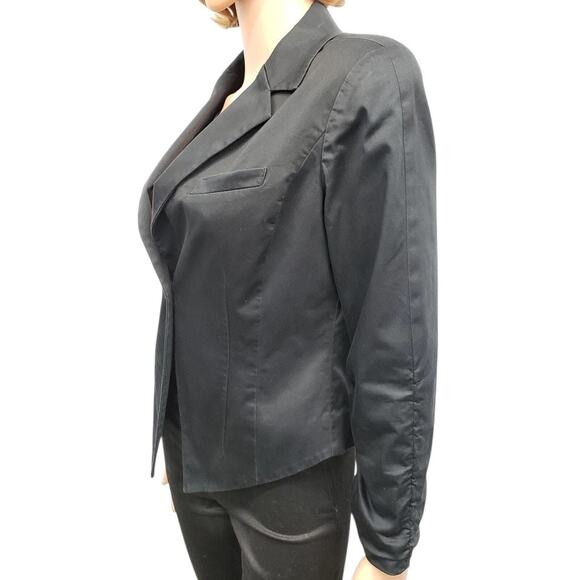 Michael Kors Blazer Jacket Women 4 Angled Hem Ruched Sleeves Lined Black Cotton - Picture 7 of 12